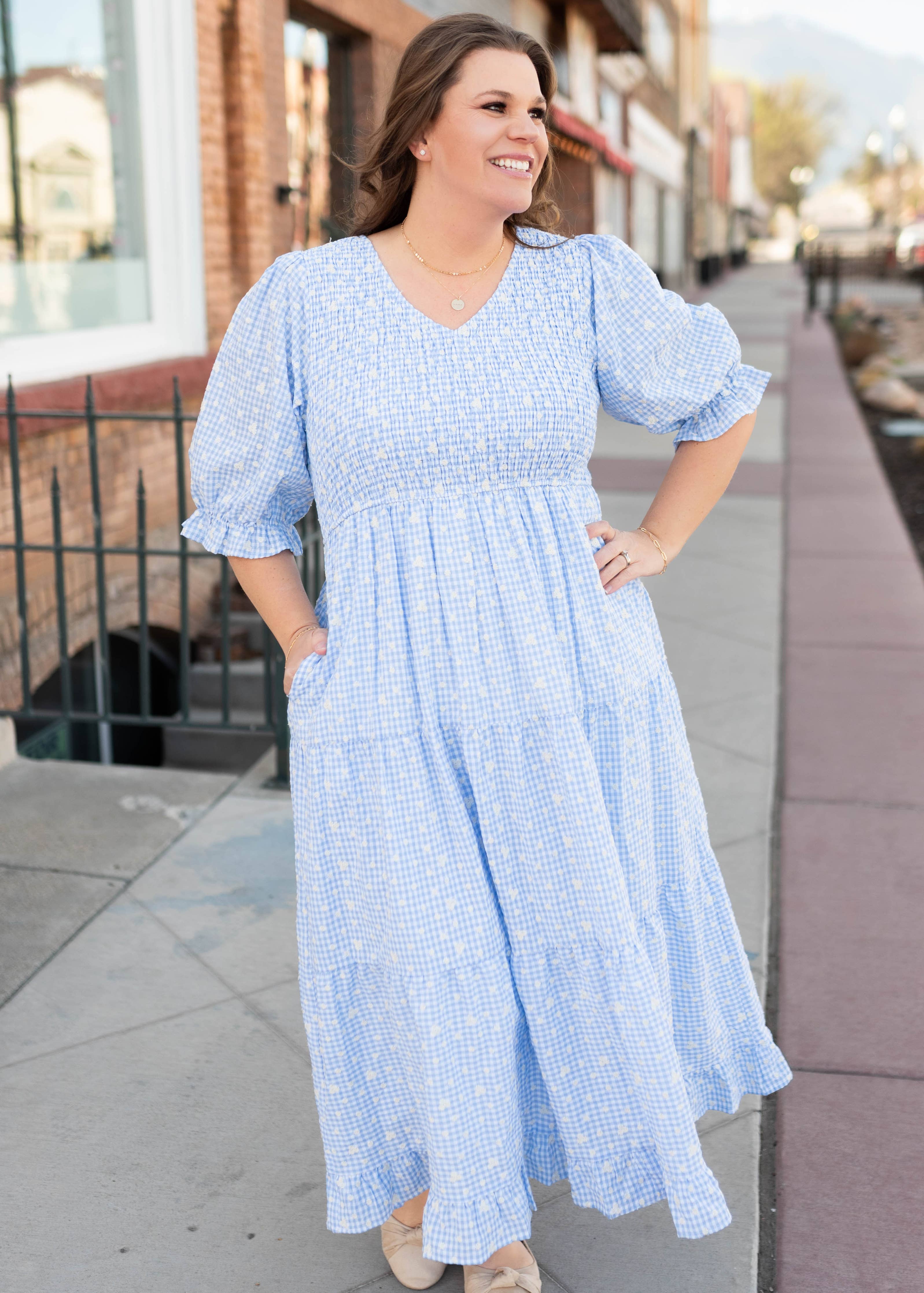 Mikayla Blue Gingham Floral Dress